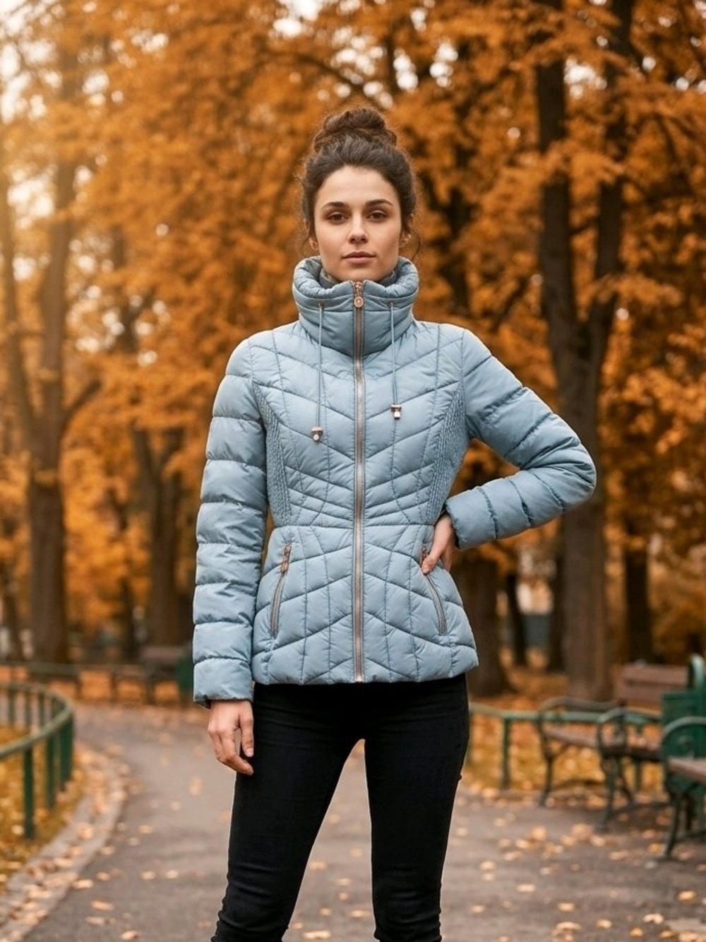 Bernardo Blue Quilted Puffer Jacket with High Collar With Rose Gold Hardware XS